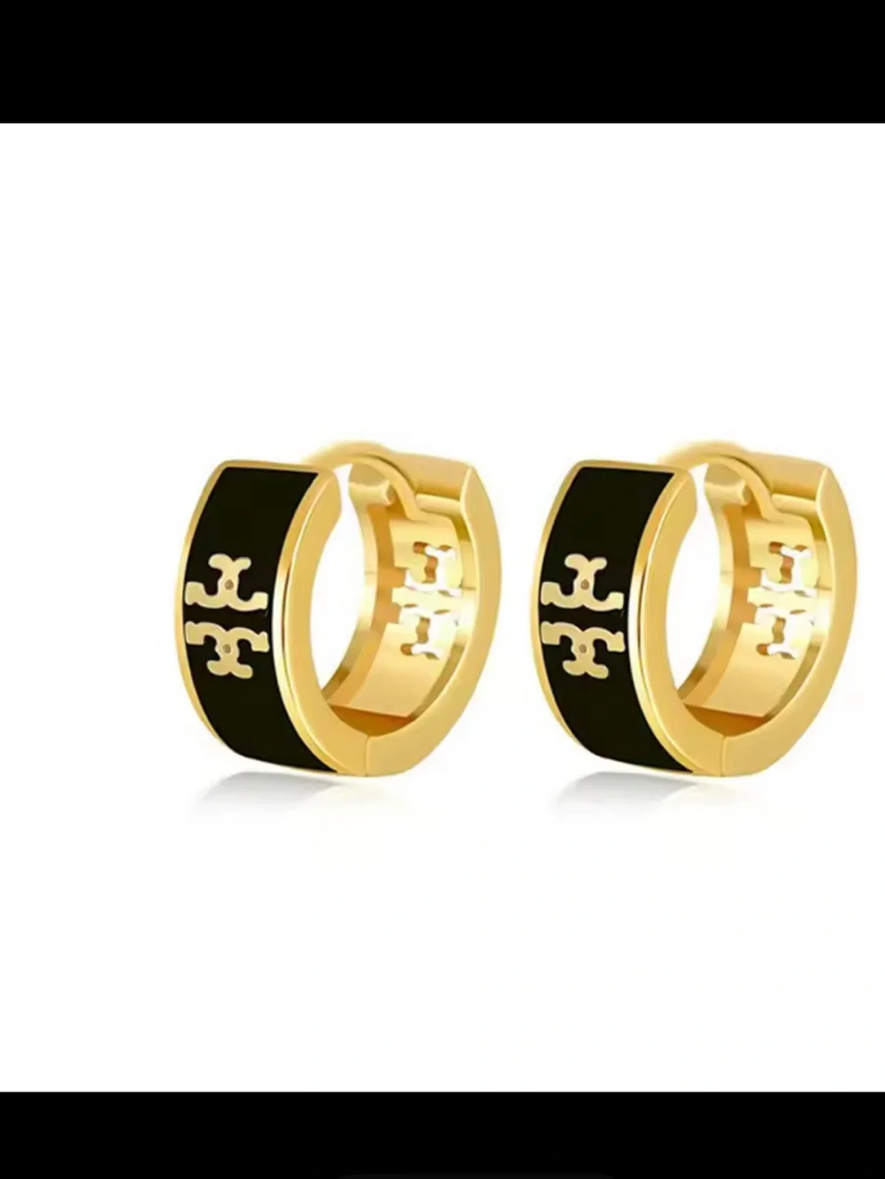 Tory Burch Gold and Black Logo Huggie Earrings